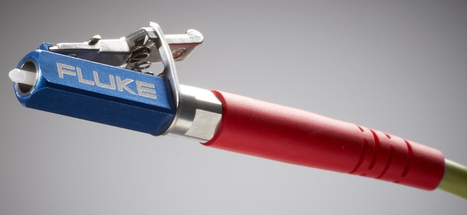 Close-up of a Fluke test cord with a durable LC metal connector.