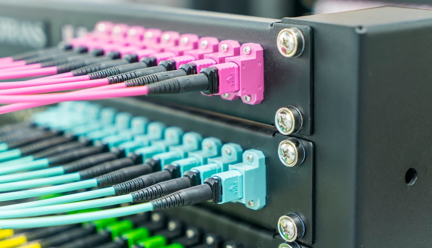 Multimode and single-mode MPO connectors in a data center.