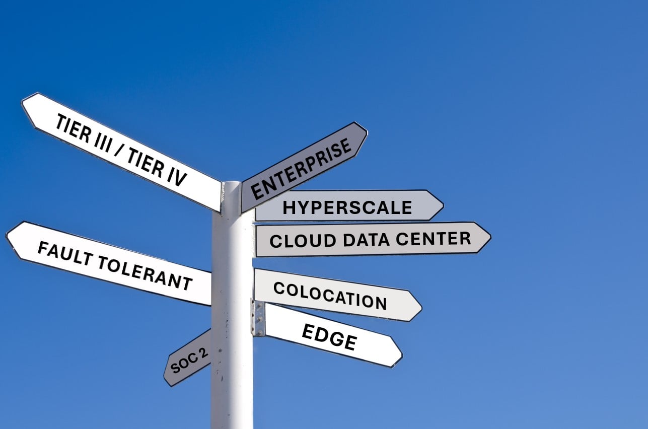 Signpost showing various data center types, tiers, and certifications as road signs