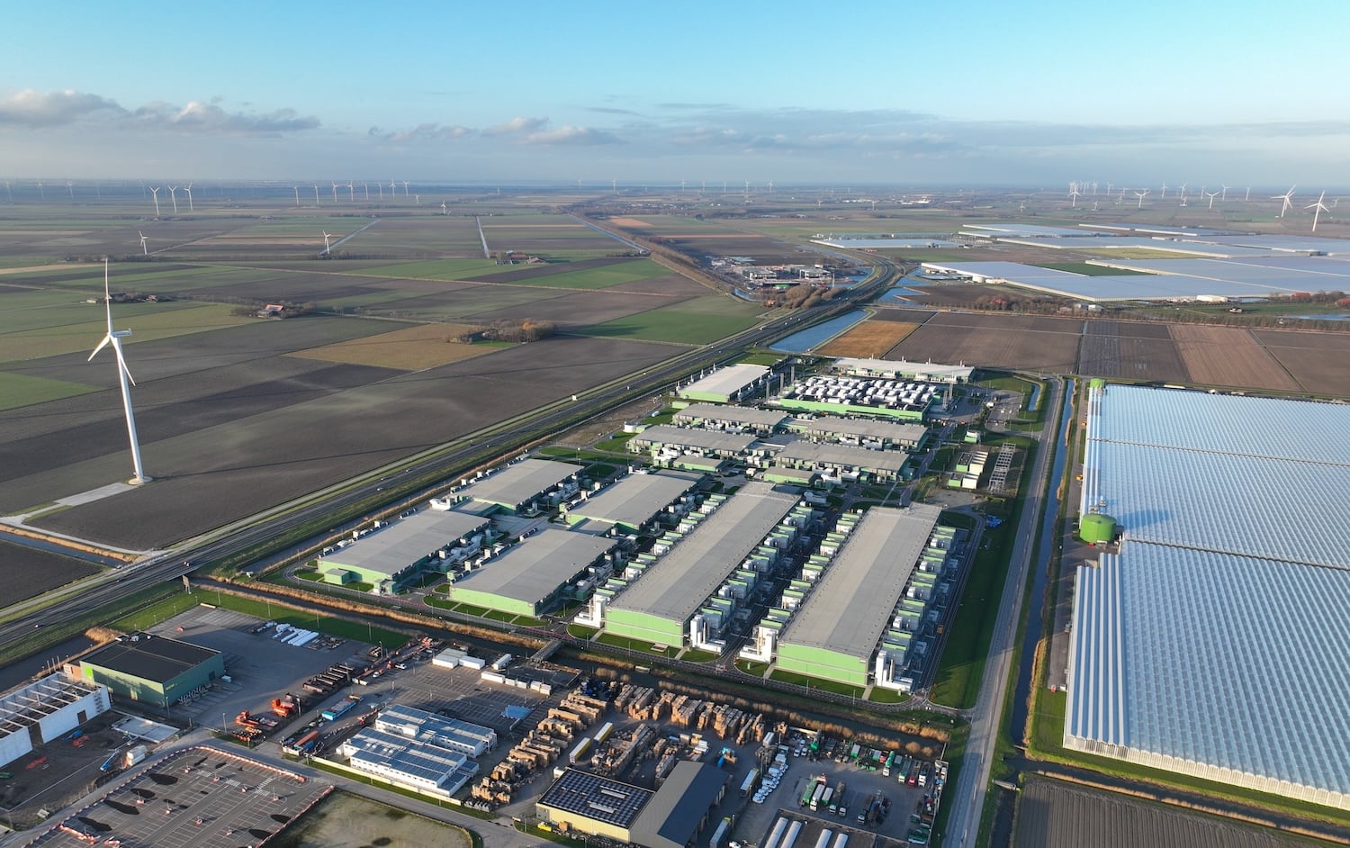 Aerial view of a large hyperscale data center.