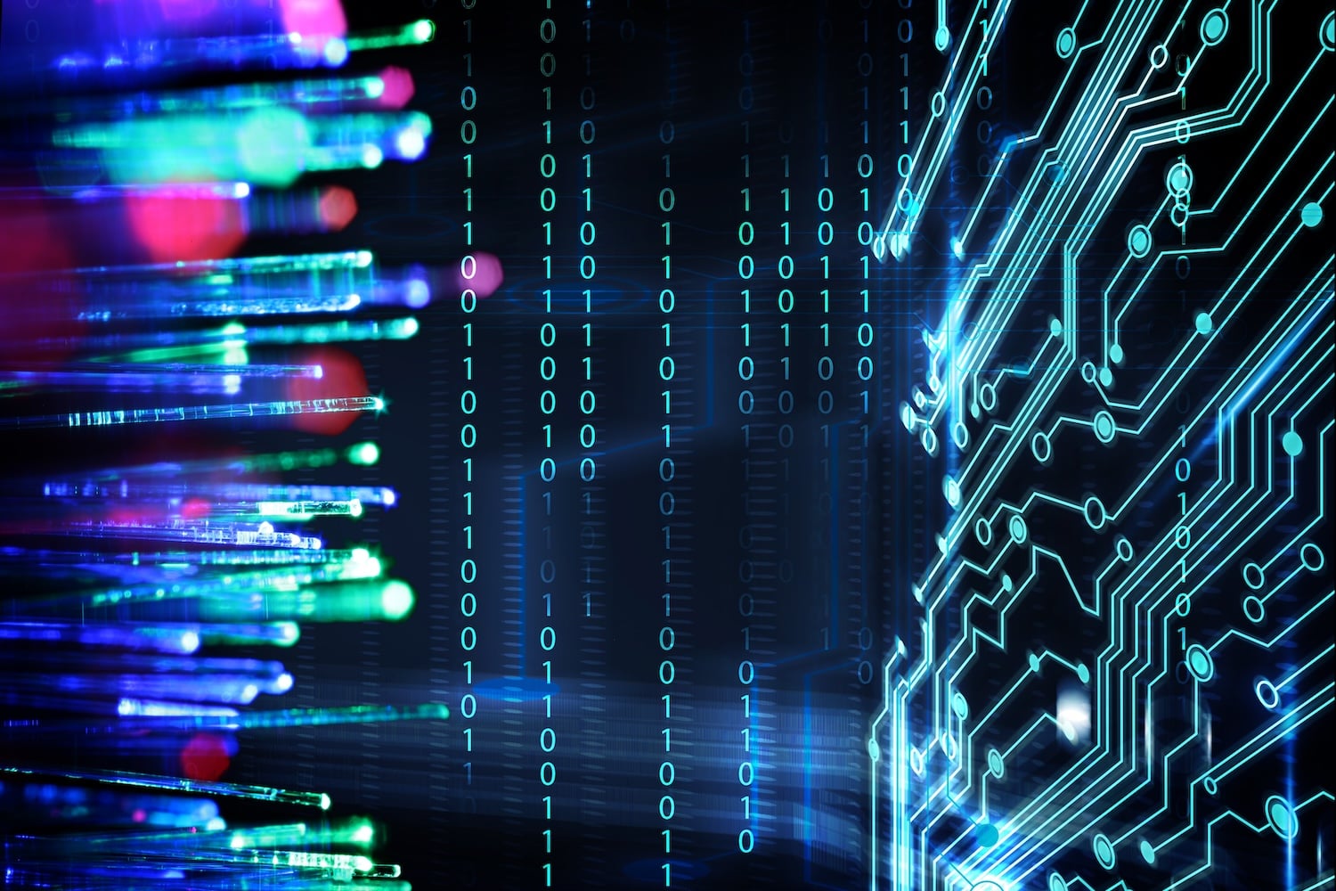 Abstract image of fiber technology with data bits and circuit board