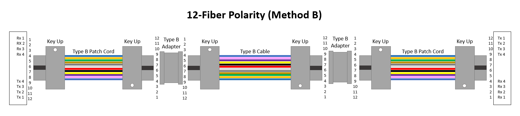 Diagram of connectors and adapters showing correct polarity for 12-fiber patch cords.