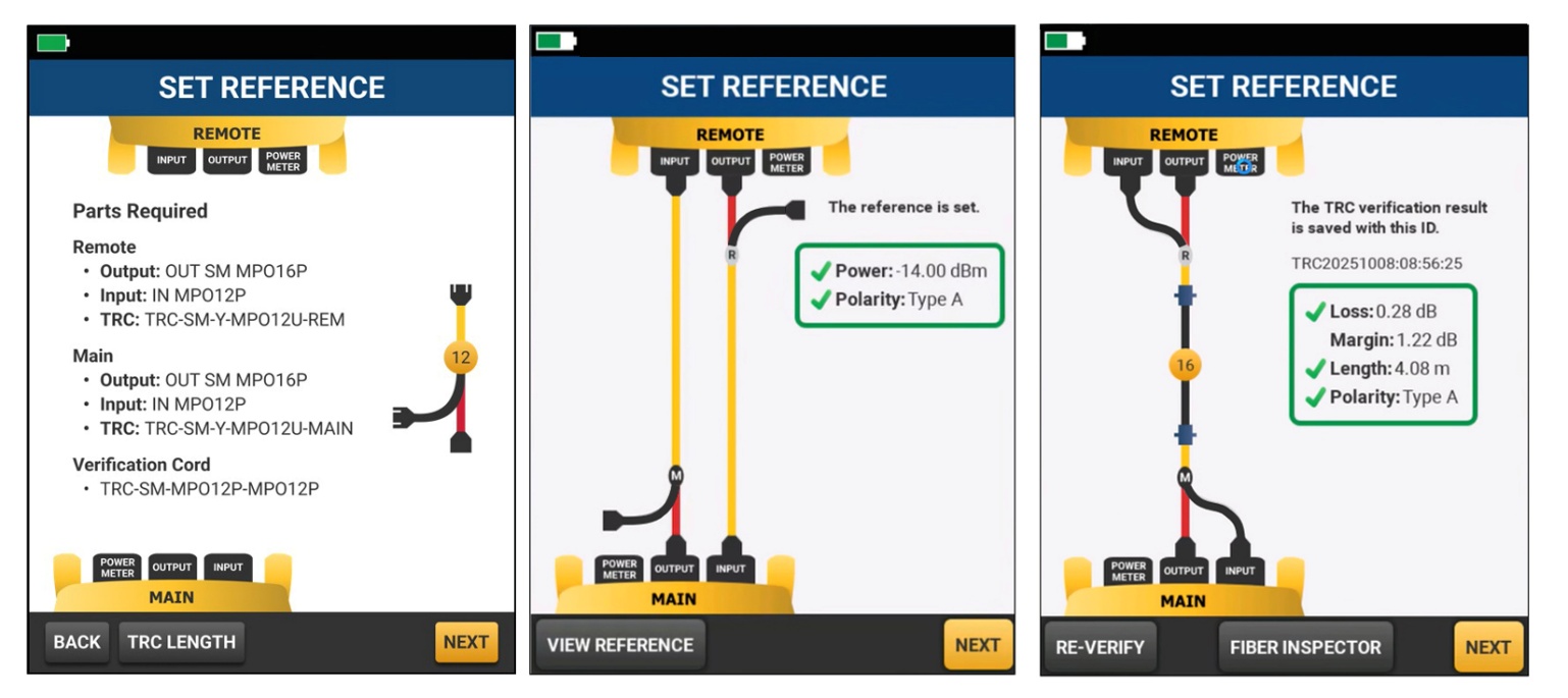Progression of screens as the Max tester's Set Reference Wizard steps a user through setting a 1-jumper reference.