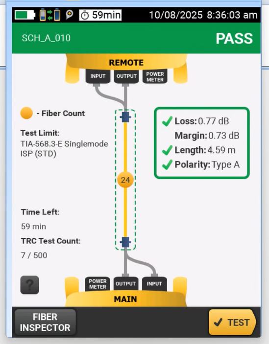 Screen from the CertiFiber Max tester showing TRC test count and time left since reference was set.