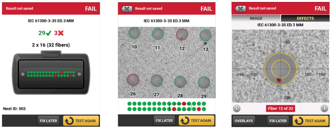 Three screens from the FiberInspector Ultra Camera show defects on the fiber end faces that yield a failed result.