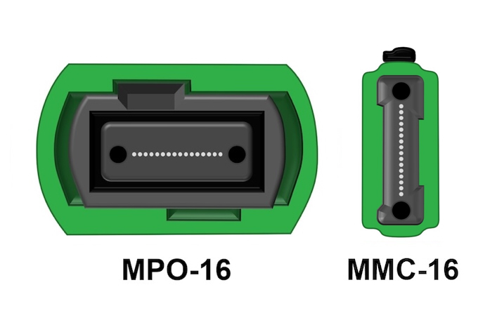 Two 16-fiber connectors shown side by side, MPO-16 on the left and MMC-16 on the right.