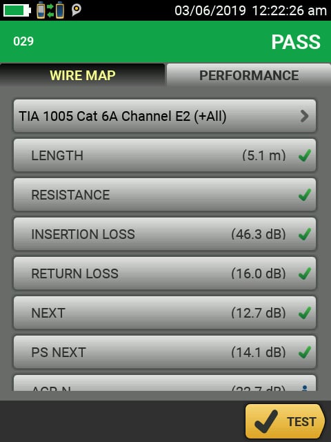 DSX CableAnalyzer display showing passing test results for a TIA 1005 Category 6A link with E2 limits