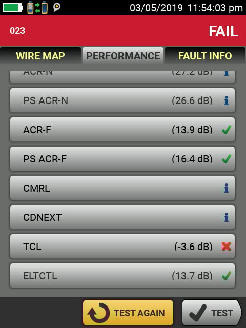 DSX CableAnalyzer screen showing failed E3 level test with TCL failure
