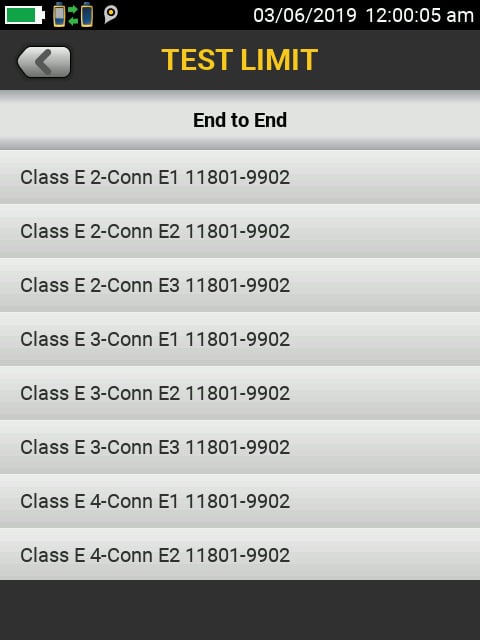 DSX CableAnalyzer screen displaying test limits for different end-to-end cable configurations