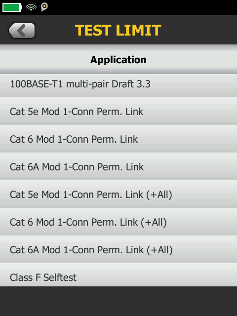 DSX CableAnalyzer Test Limit Screen