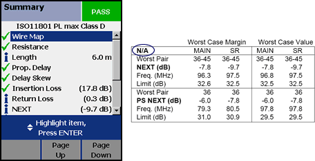 LinkWare Software Highlighted N/A Test Result