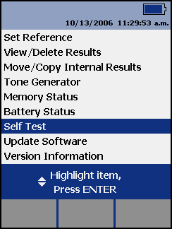 Selecting Self Test on DTX Display