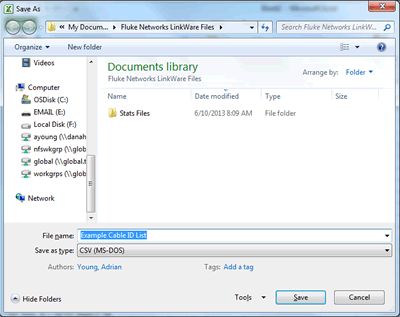 Save As CSV File Window
