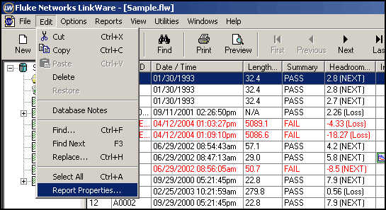 LinkWare Software Report Properties