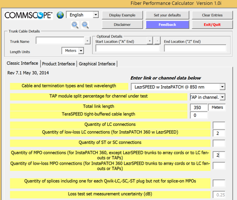 Figure 2. CommScope Link Loss Calculator for SYSTIMAX fiber installations
