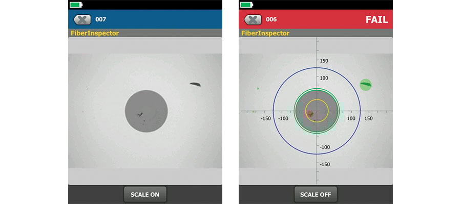 Fiber end face inspection results - clean vs contaminated