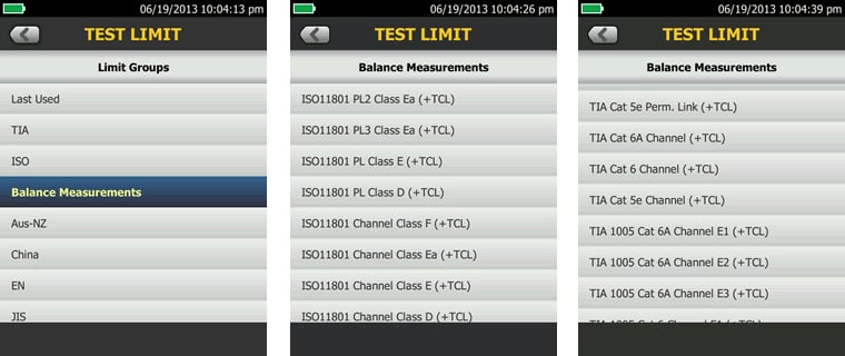DSX Balance Measurements screen showing TCL test limits
