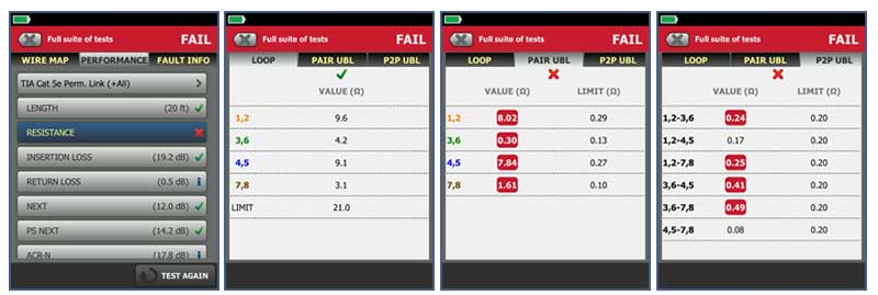 CCA cable DC Resistance Unbalance test result on DSX CableAnalyzer