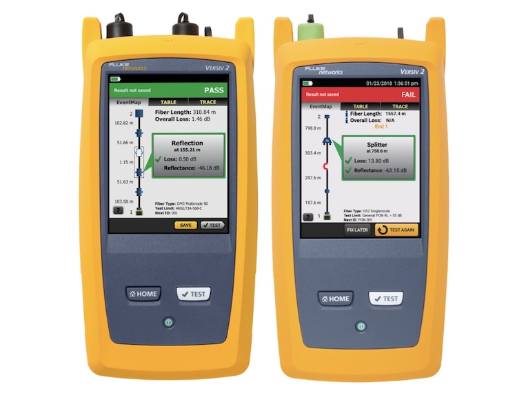Two OptiFiber™ Pro units showing a test pass and a test fail on the graphical EventMap screen.